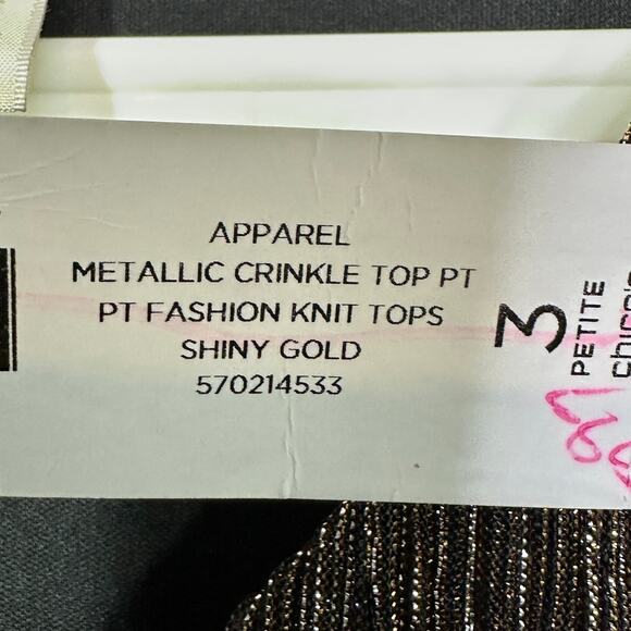 Chico’s Top Size 3P Petite Gold Metallic Crinkle Layered Ruffle Long Sleeve NEW - Picture 6 of 7